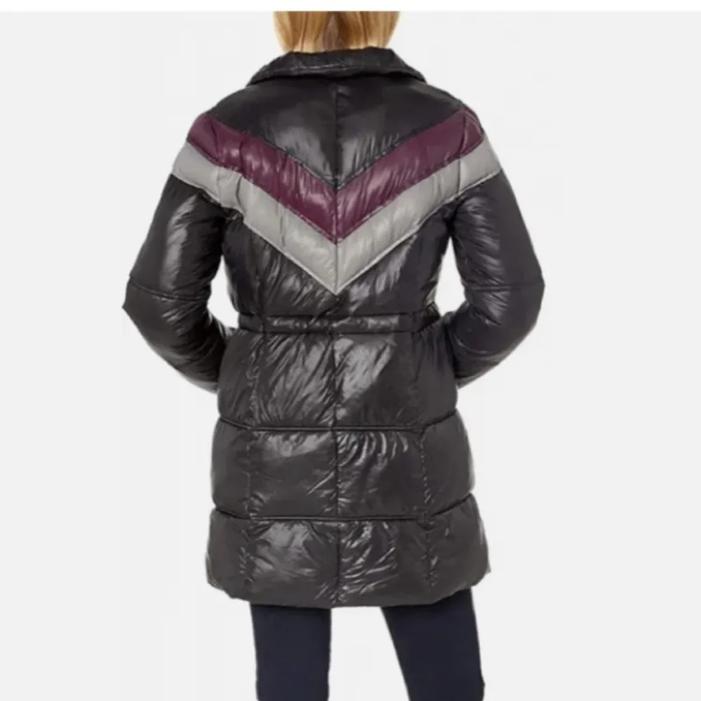 Rachel Roy NWT color block black puffer jacket with faux fur detachable hood
